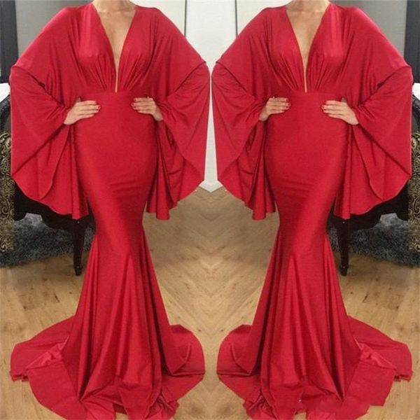 

party sexy red русалка пром платье сшитого глубокий v шея с длинными рукавами атласных вечерних платьев женщины случай знаменитость платье о, Black;red