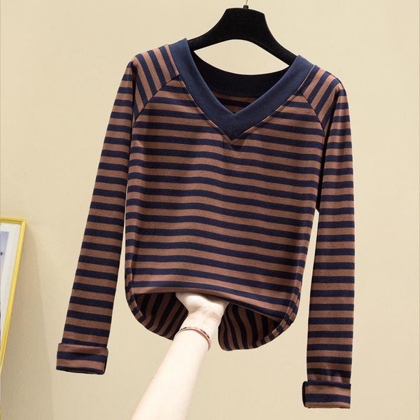 

aossviao t shirt women clothes v neck stripe long sleeve 2020 tshirt autumn winter slim tee shirt femme clothing bbyfdl lg2010, White;black