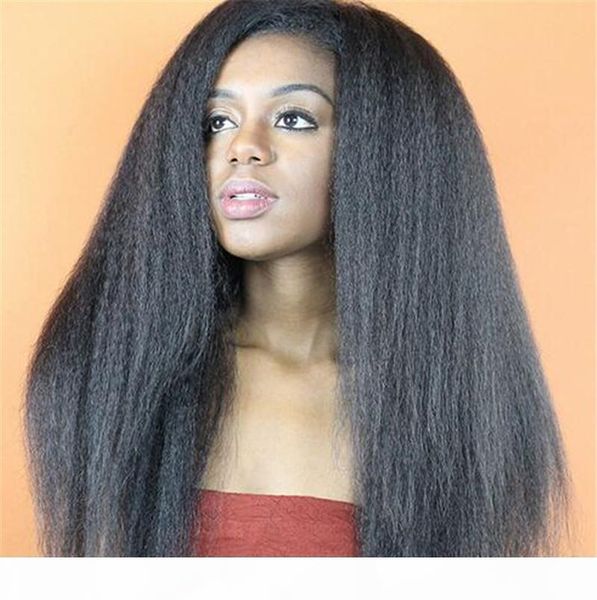 

7a glueless full lace human hair wigs for black women coarse yaki lace front human hair wigs peruvian kinky straight lace wig, Black;brown