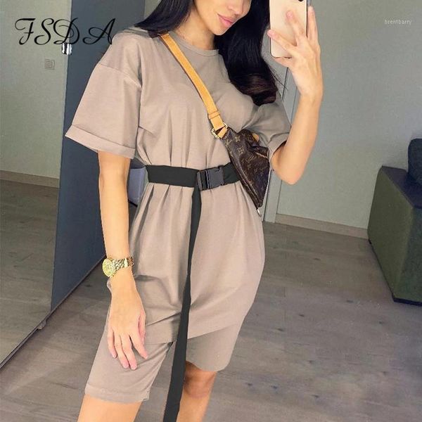 

fsda women set with belt 2020 summer short sleeve shirt loose and biker shorts khaki suit casual two piece set sport outfits1, White