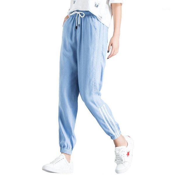 

women summer thin tencel jeans elastic high waist drawstring side stripe ankle-length loose breathable cuff pencil jean trousers1, Blue