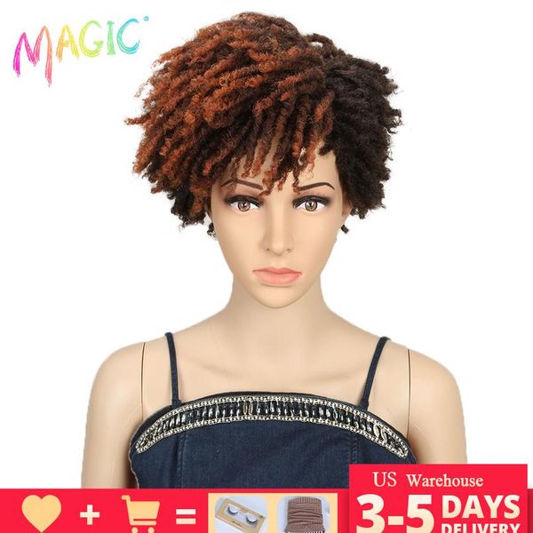 

magic 10 дюймов afro curky кудрявый парик синтетический короткий дредлок парик с челкой черный омбре коричневый белокурый синий парик для bl, Black