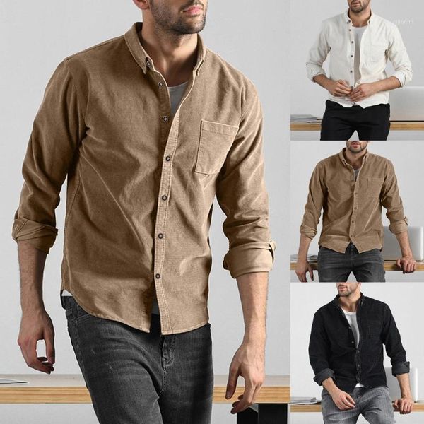 

fashion men autumn casual solid corduroy pocket long sleeves shirt blouse turn-down collar single breaste casual shirts1, White;black