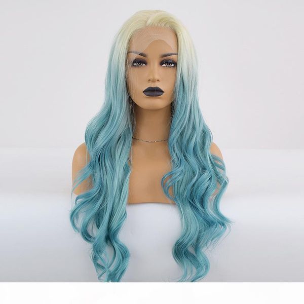 

wholesale body curly lace front wig ombre blue hair heat resistant fibers synthetic lace front wig glueless half hand tied for all women, Black