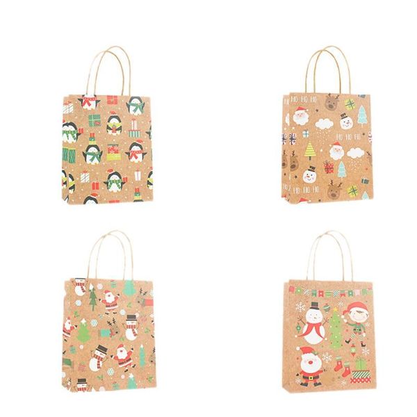 

12pcs kraft gift bags for christmas carrier bags brown paper with handle and 4 different pattern reusable shopping bag