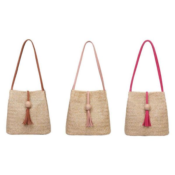 

summer bohemian beach bucket bags handbags straw weave women shoulder bag ladies tassel tote bolsa feminina