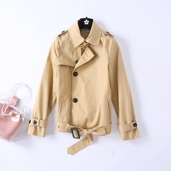 

women's trench coats short design khaki coat women turn down collar belt slim waist single breasted outerwear for spring autumn, Tan;black