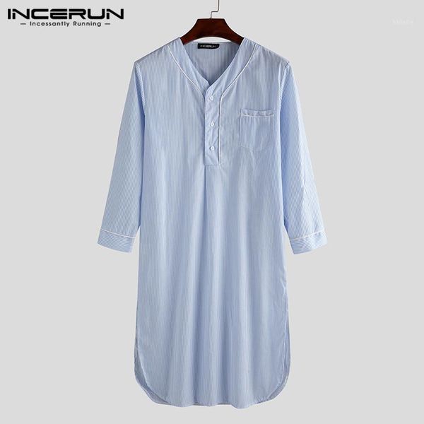 

incerun fashion striped men sleep robes v neck long sleeve button pajamas bathrobes pockets leisure 2020 mens homewear plus size1, Black;brown