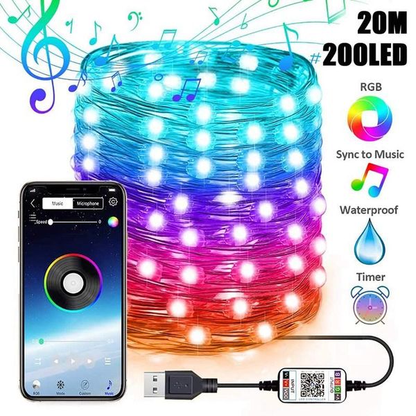 

usb светодиодный строковый светильник rgb bluetooth-контроль app control медной проволочной строговой лампы водонепроницаемый открытый сказо