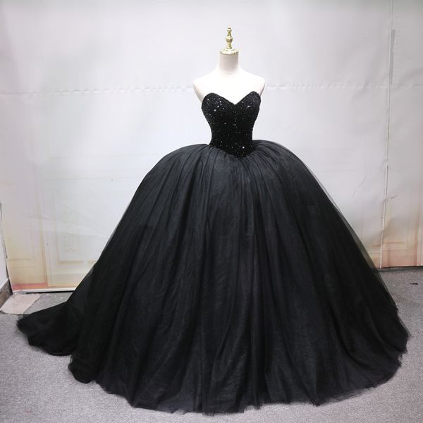 

gorgeous black ball gown prom dresses sparkling beading high waist sweep train evening gowns runway dresses