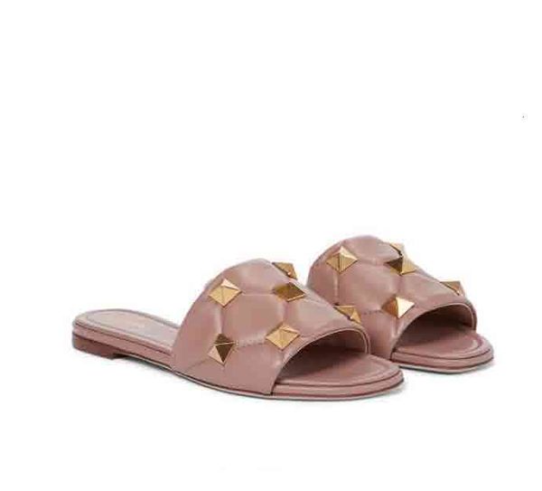 

designer slides brand woman flops leather women roman stud slide sandal slippers summer beach studs sandals nappa quilted with box, Black