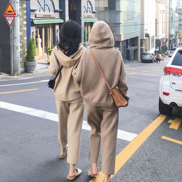

the new wool sweater fashion suits female qiu dong outfit hooded sweater grandma pants two piece leisure, White;black