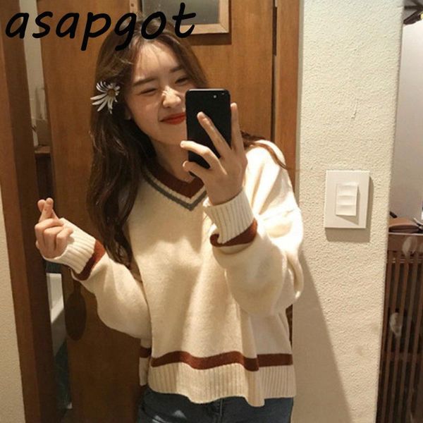 

women's sweaters japan style chic sweet v neck striped pullovers autumn loose hit color preppy simple knitwear fashion pull, White;black