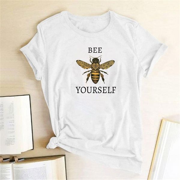 

bee yourself print t-shirt women casual round neck summer funny graphic tee bee t-shirt ropa de verano mujer 2020 women, White