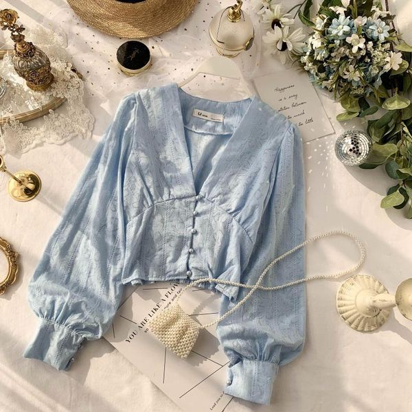 

autumn women's v-neck chic soft lace long flare sleeve short crop lady solid color elegant blouse shirts j4681, White