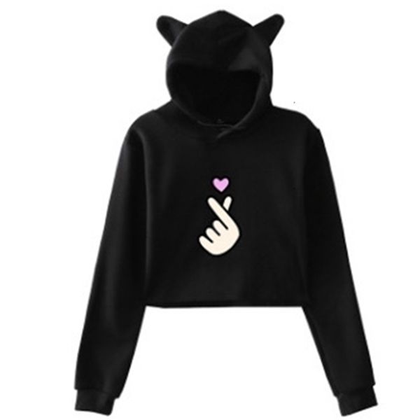 

finger print slim fit cat ear short sweater, Black