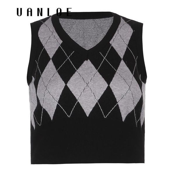 

women's vests vanloe y2k argyle plaid fashion knitted sweater vest streetwear v neck tank women preppy style knitwear jumpers, Black;white