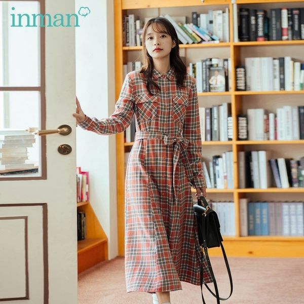 

inman autumn winter new arrival cotton lapel female plaid literary retro girl buckle long sleeve dress 201027, Black;gray
