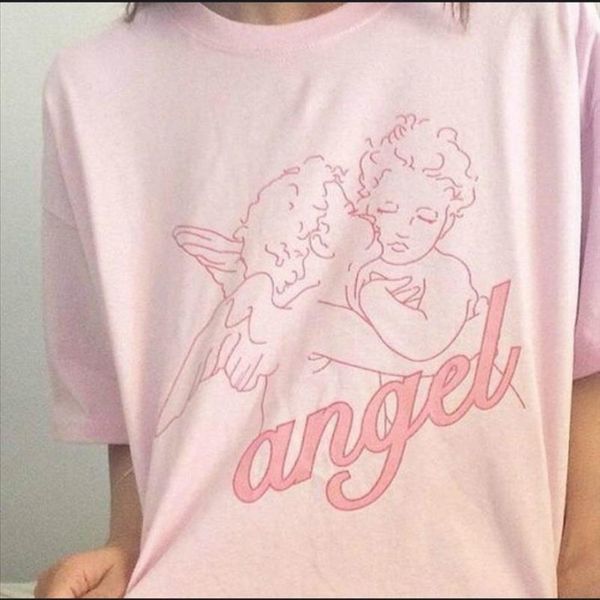 

fashion kawaii angel printed women t shirts 2021 summer loose short sleeved casual clothing pink cotton tees vogue t shirts, White
