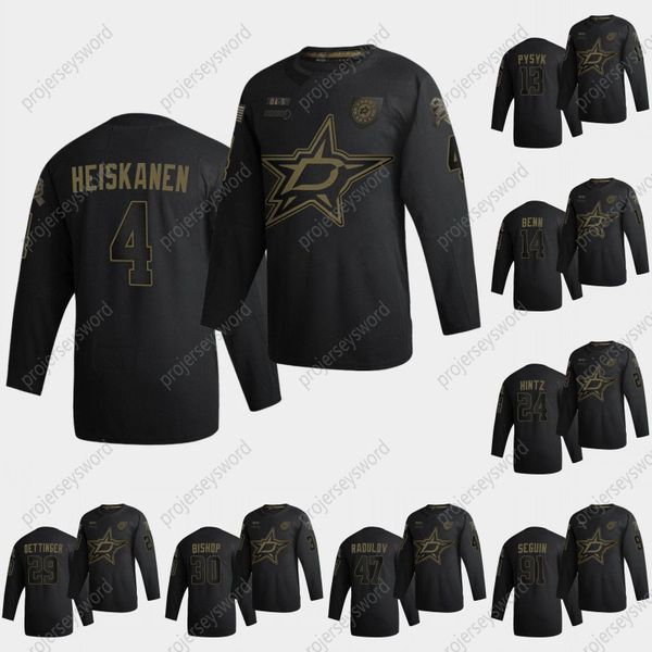 

dallas stars 2020 salute to service black jersey miro heiskanen jamie benn roope hintz ben bishop alexander radulov tyler seguin hockey, Black;red