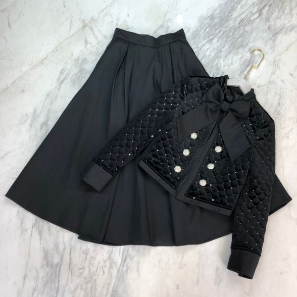 

high end women's girls skirt suit blazer coat jacket and long skirt with plaid pattern female fashion casual crystal buttons sets, White