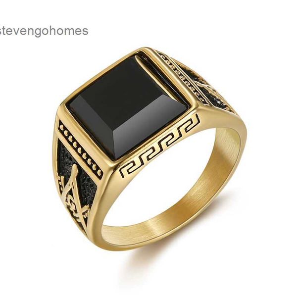 

titanium steel color preserving gold plated classic black agate masonic ag men's ring, Silver