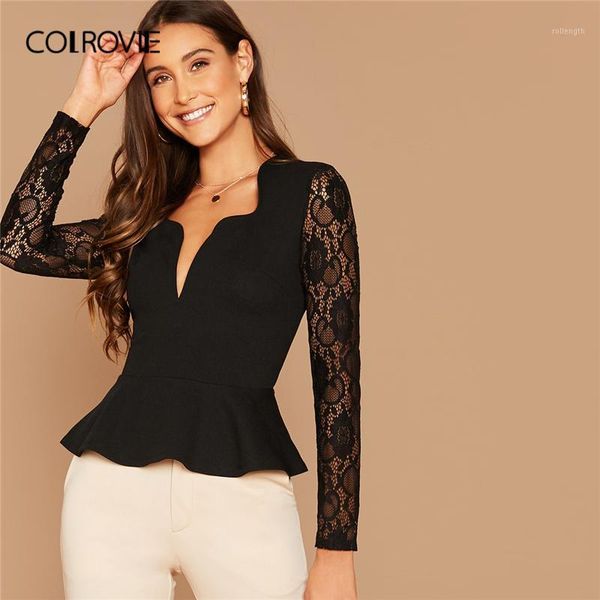 

colrovie black notch neck sheer lace sleeve peplum women 2019 autumn solid casual elegant slim fit ladies blouses1, White