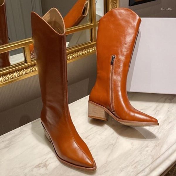 

luxury vintage solid point toe long boots brand design square heels leather women shoes new fashion knee-high zip female boots1, Black