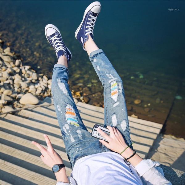 

summer new men's color stripe hole jeans korean slim feet ankle length denim jeans teenagers hip hop cowboy men's pants1, Blue
