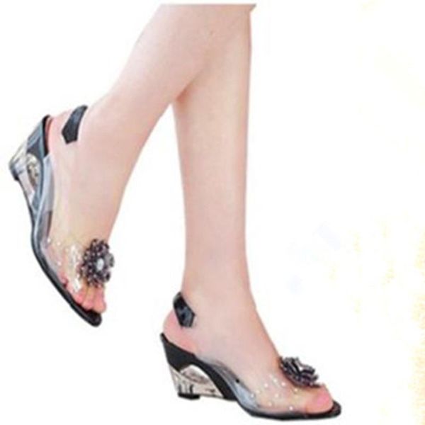 

sandals 2021 fashion women's flower transparent wedge shoes, Black