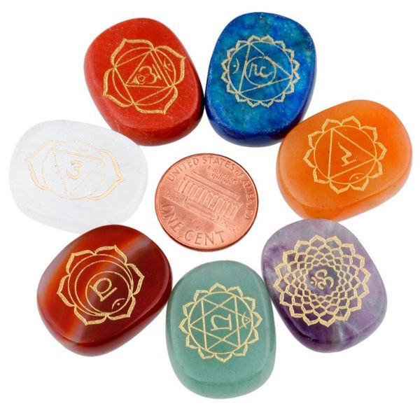 

tumbeelluwa 7pc/set healing crystal 7 chakra palm stone worry stone engraved symbols reiki energy charged meditation, Pink;blue