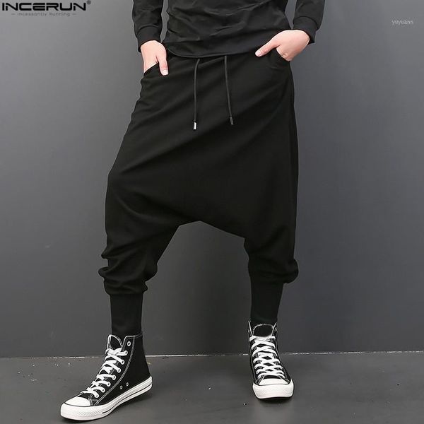 

incerun men casual solid harem hip hop pants joggers trousers men baggy dancing pants gothic punk style harem plus size1, Black