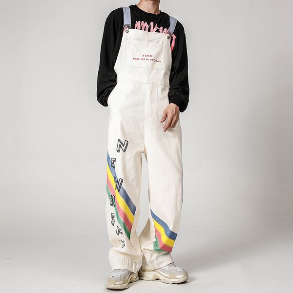 

japanese printed overalls men and women wide leg straight casual streetwear pockets loose trousers, Black