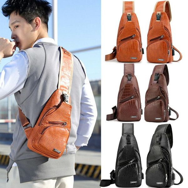 

us men shoulder bag sling chest pack crocodile leather usb charge sport handbag