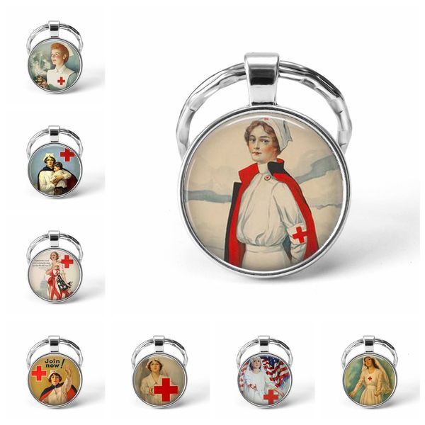 

fashion vintage nurse picture keychain glass cabochon pendant charm keyring car key man women favorite gift souvenir, Slivery;golden