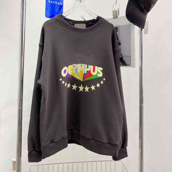 

2022 factory wholesale new autumn color star printed round neck sweater cement gray long sleeve terry couple pullover qingdao, Black