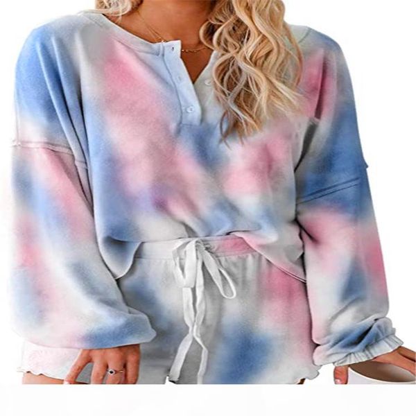 

fashion new comfortable casual multi color tie dye knit long sleeve pyjamas set women's sleepwear, Black;red