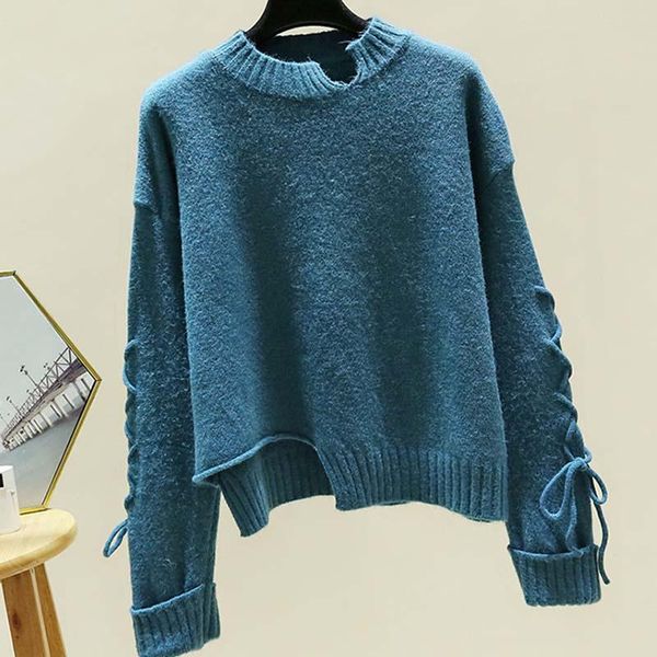 

корейский свитер женщина сыпучие хеджирование бинты нерегулярное топ твердая моды свитера зимы повседневный стиль одежды вязание серый синий, White;black