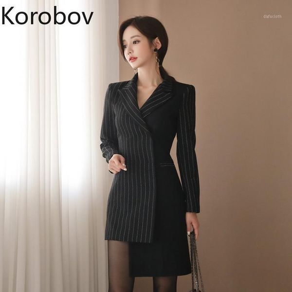 

korobov 2019 auttum korean vogue vintage blazer women long sleeve turn down collar srtiped patchwork vestidos 778121, White;black