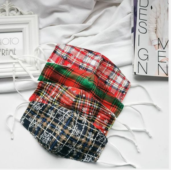 

elastic hook christmas mask reusable adults fashion plaid face masks mouth cover with pm2.5 filter slot snowflakes print facemasks e102201