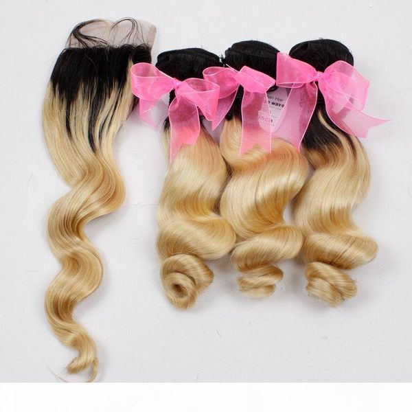 

popular brazilian raw unprocessed hair extension 1b 613 color loose wave hair bundles with 4*4 closure, Black;brown