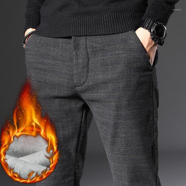 

2019 new winter fleece casual pants men thick warm trousers male slim fit chino pants1, Black
