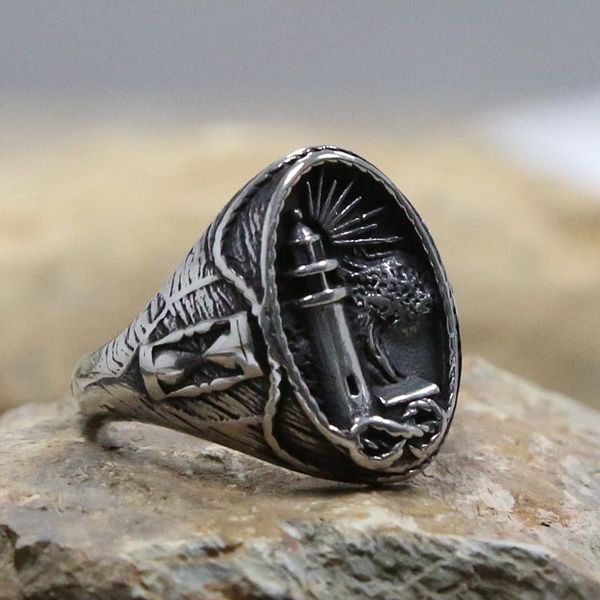 

cluster rings vintage gothic viking lighthouse ring 316l stainless steel mens nautical signet male punk biker jewelry gift size 7-15, Golden;silver