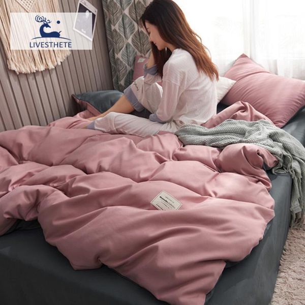 

bedding sets liv-esthete pink duvet cover with zipper decor home textiles gray flat sheet elastic band double couple bedclothes1