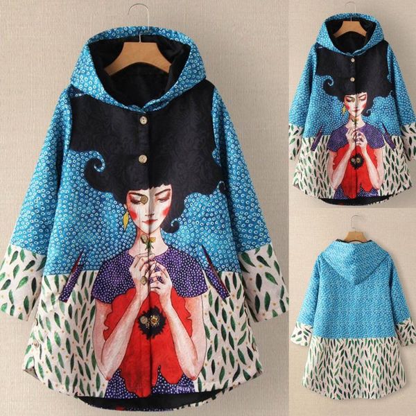 

women's jackets women fashion buttons hooded jacket autumn printed long sleeve thicken plush size female warm parkas coat #40, Black;brown