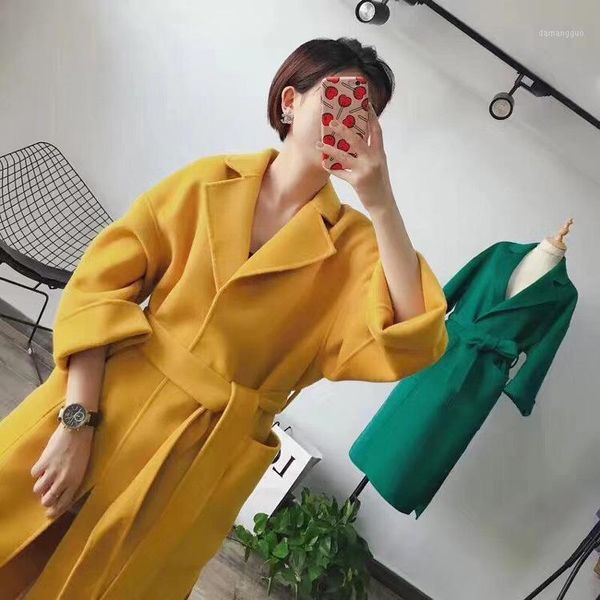 

2020 turn down collar women wool coat with belt elegant open stitch women woolen long coat winter wool casaco feminino1, Black