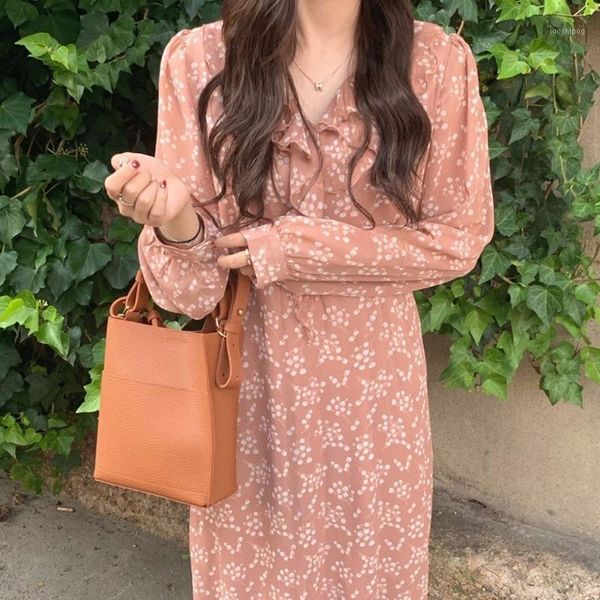 

2020 autumn v-neck ruffles lace up elegant dresses women full sleeve chiffon floral print female dress midi ladies vestidos1, Black;gray