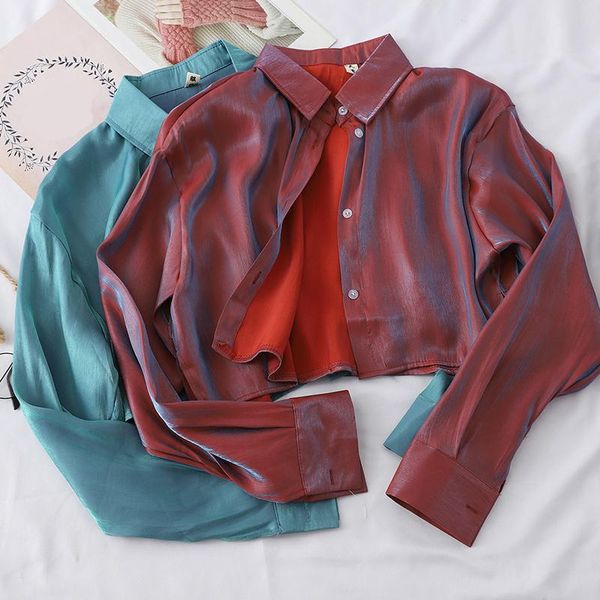 

solid single-breasted shirt womens short style blouses turn-down collar ladies casual long sleeve chiffon shirts blusas mujer, White