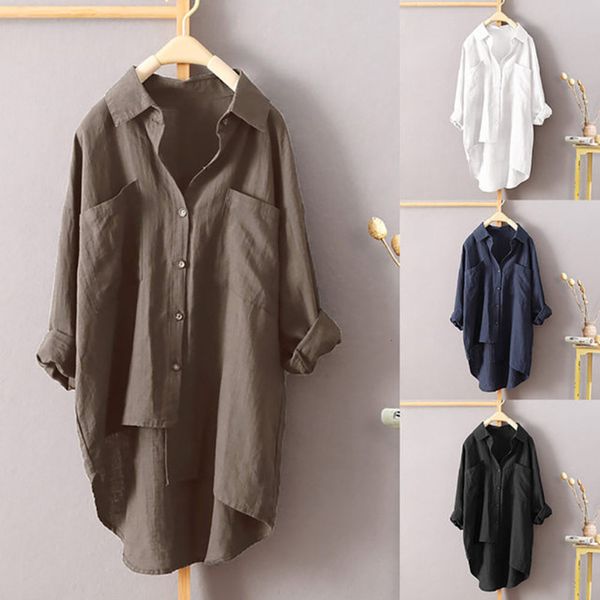 

new women's casual solid color shirt autumn cotton and linen cardigan double pocket long sleeve 7 colors 8 siz, White