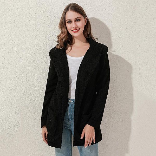 

2020 women fleece teddy hoodies zipper solid pocket hoodies coat winter warm wool zip-up cotton coat outwear casual sweatshirt, Black